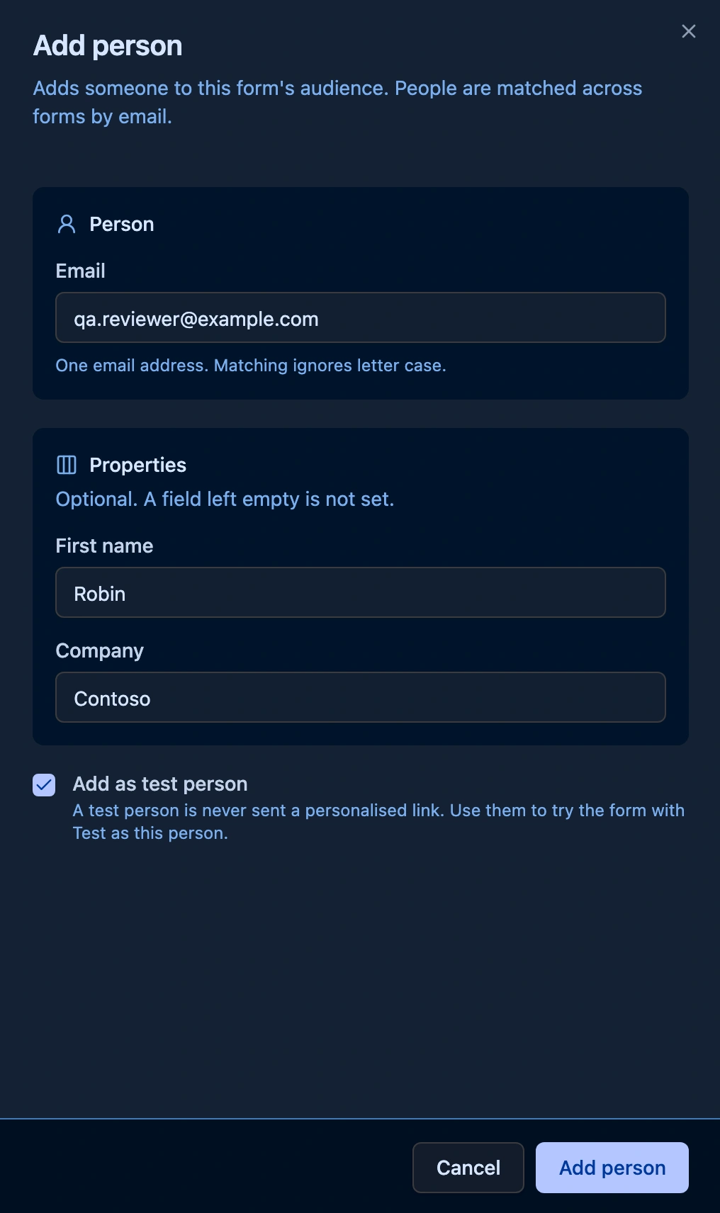 Add person panel with Email qa.reviewer@example.com, First name Robin, Company Contoso, and the Add as test person checkbox selected