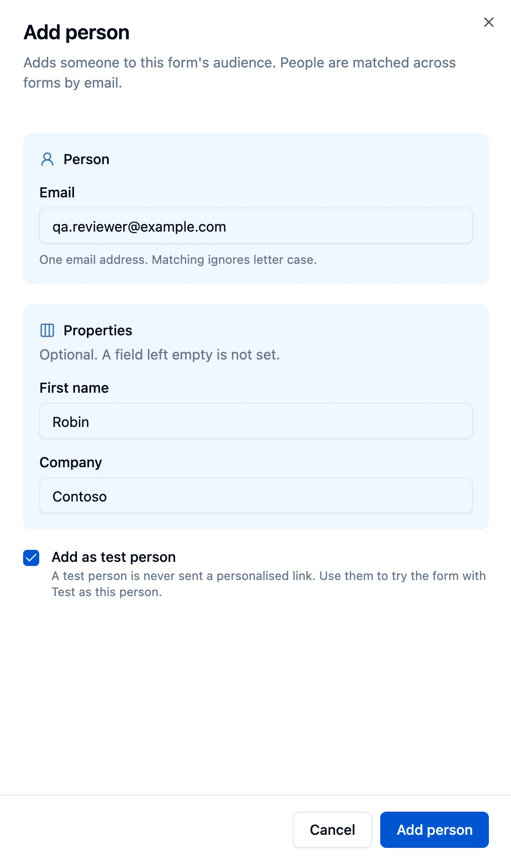 Add person panel with Email qa.reviewer@example.com, First name Robin, Company Contoso, and the Add as test person checkbox selected