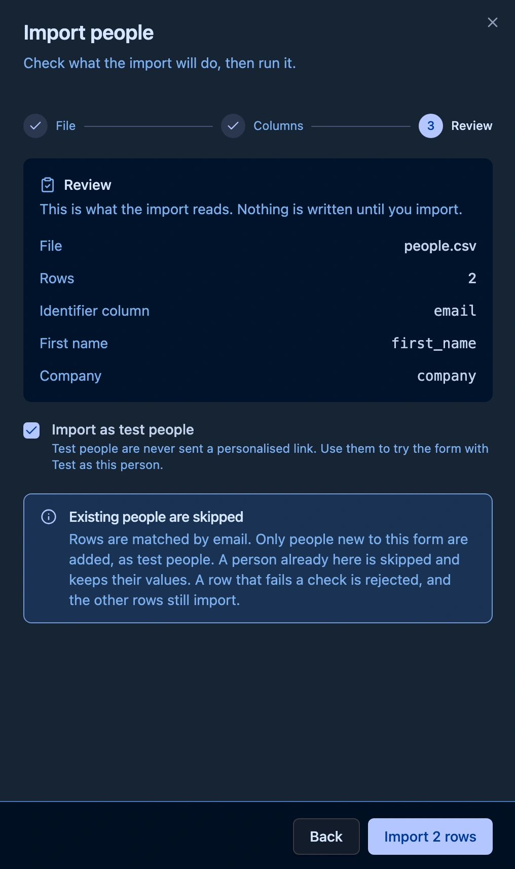 Import people panel on the Review step with Import as test people selected and the note Existing people are skipped