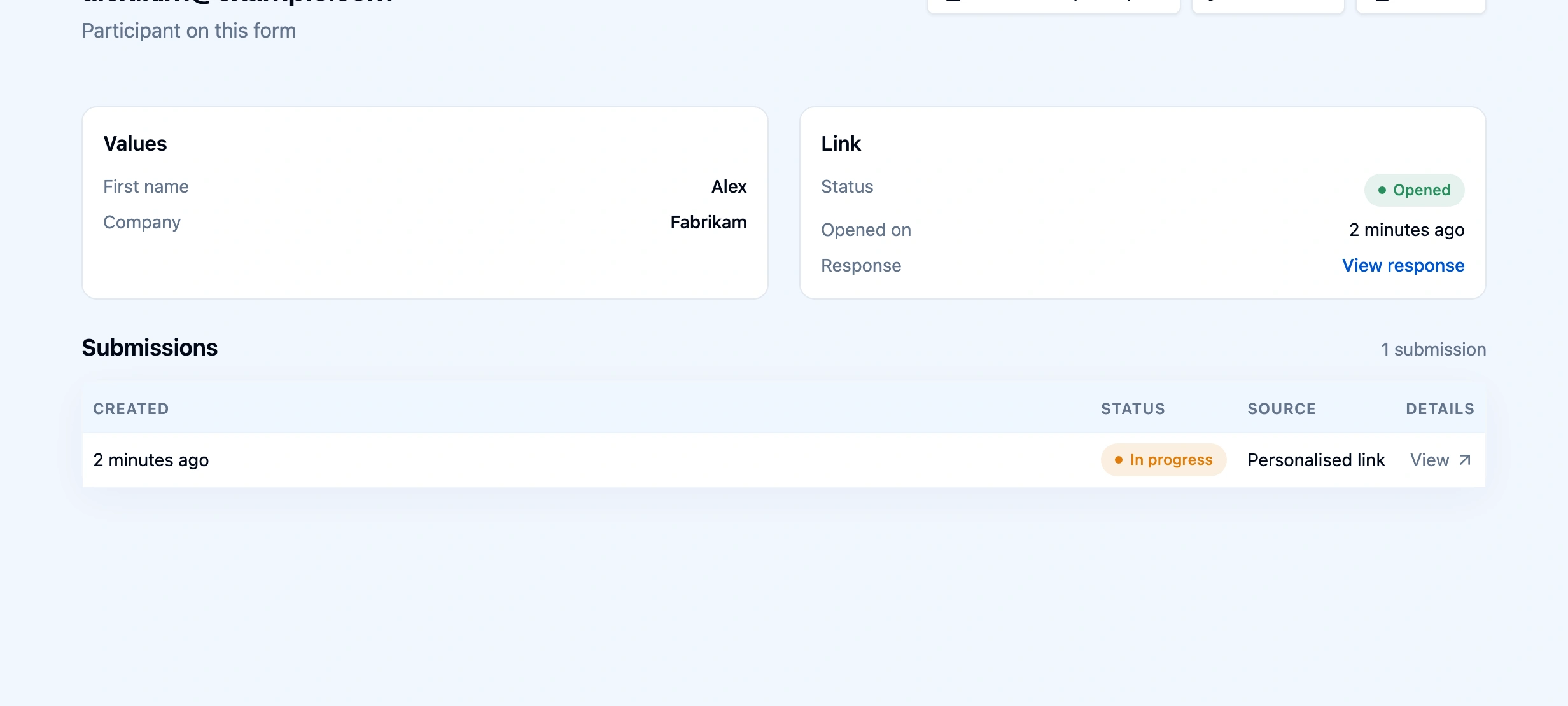 Participant page for alex.kim@example.com: Test as this participant, Edit values and Remove buttons, a Values card with First name Alex and Company Fabrikam, a Link card with status Opened, when it was opened and a View response link, and a Submissions table with one In progress submission from a Personalised link