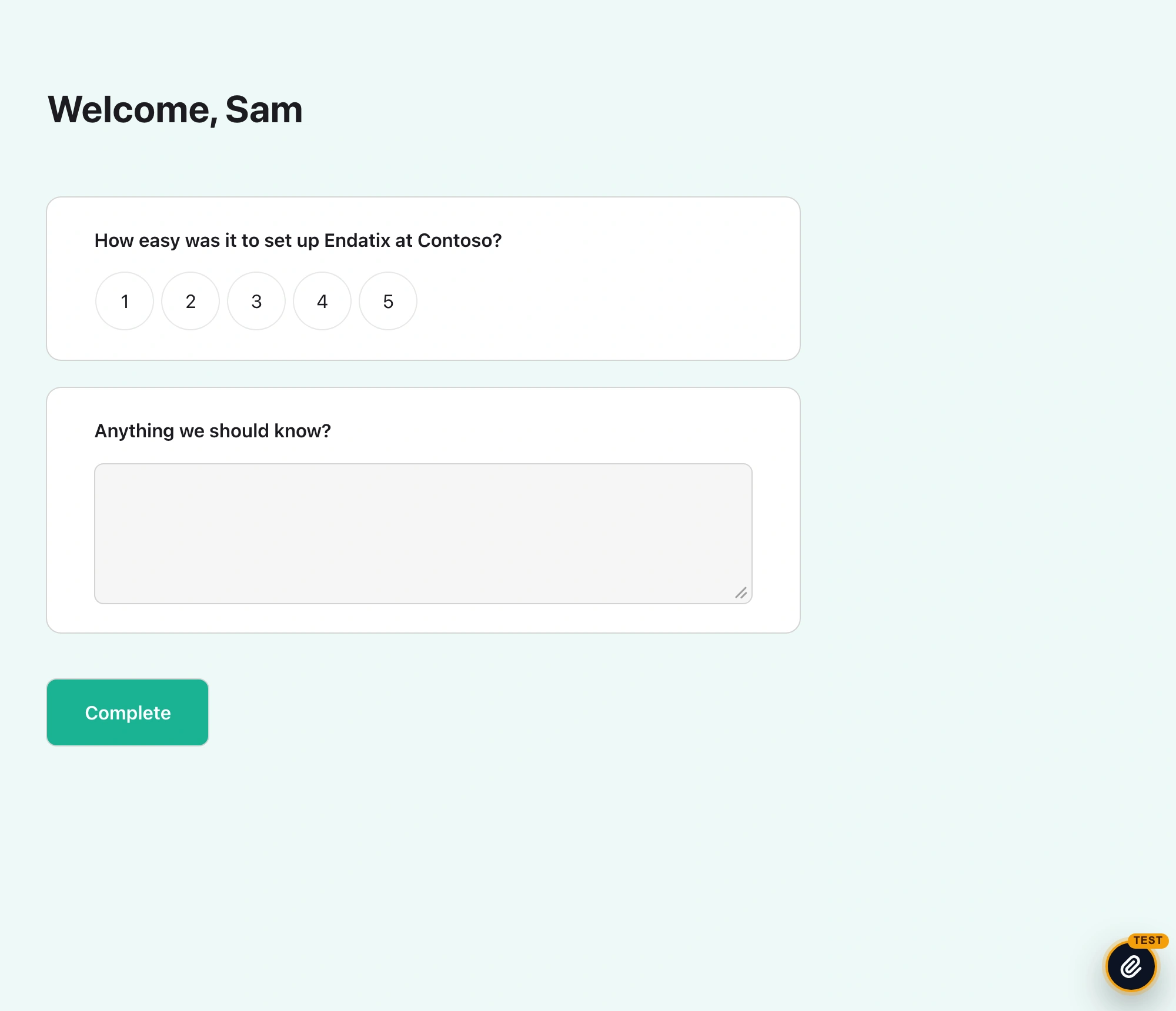 The form opened as the test person Sam from Contoso: the heading reads Welcome, Sam, the first question asks how easy it was to set up Endatix at Contoso, and the round Test inspector button with its TEST tag sits at the bottom right