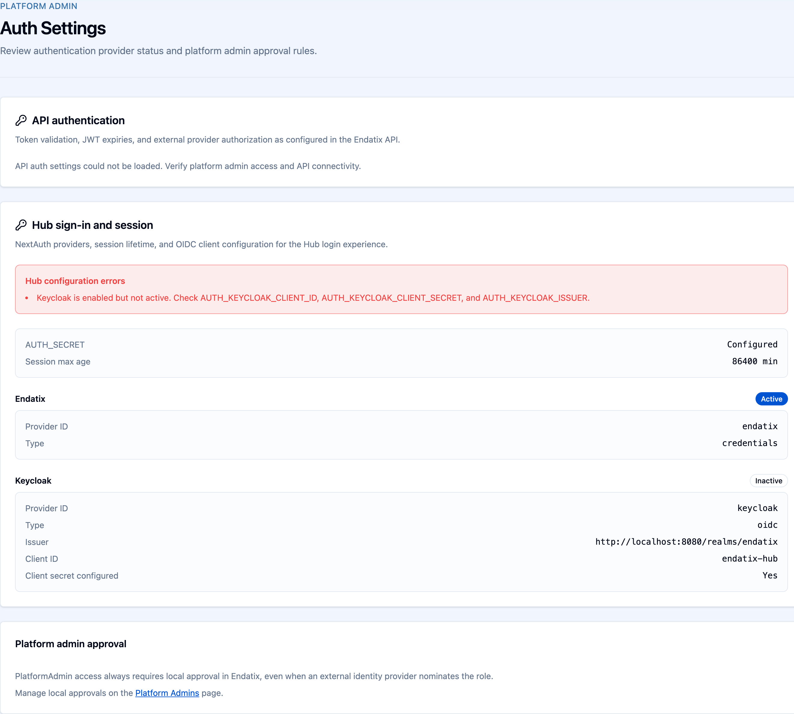 Auth Settings showing API authentication, Hub sign-in, and platform admin approval