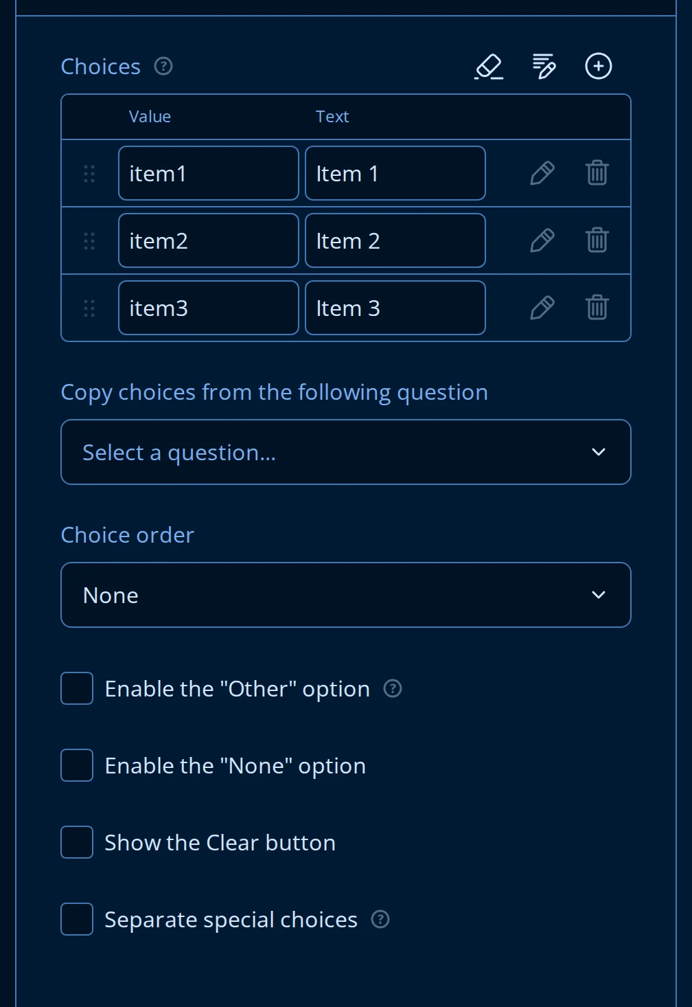 Choice Options panel for a Radio Button Group question: Choices table with Value and Text columns, Copy choices from the following question, Choice order, Enable the Other option, Enable the None option, Show the Clear button, and Separate special choices
