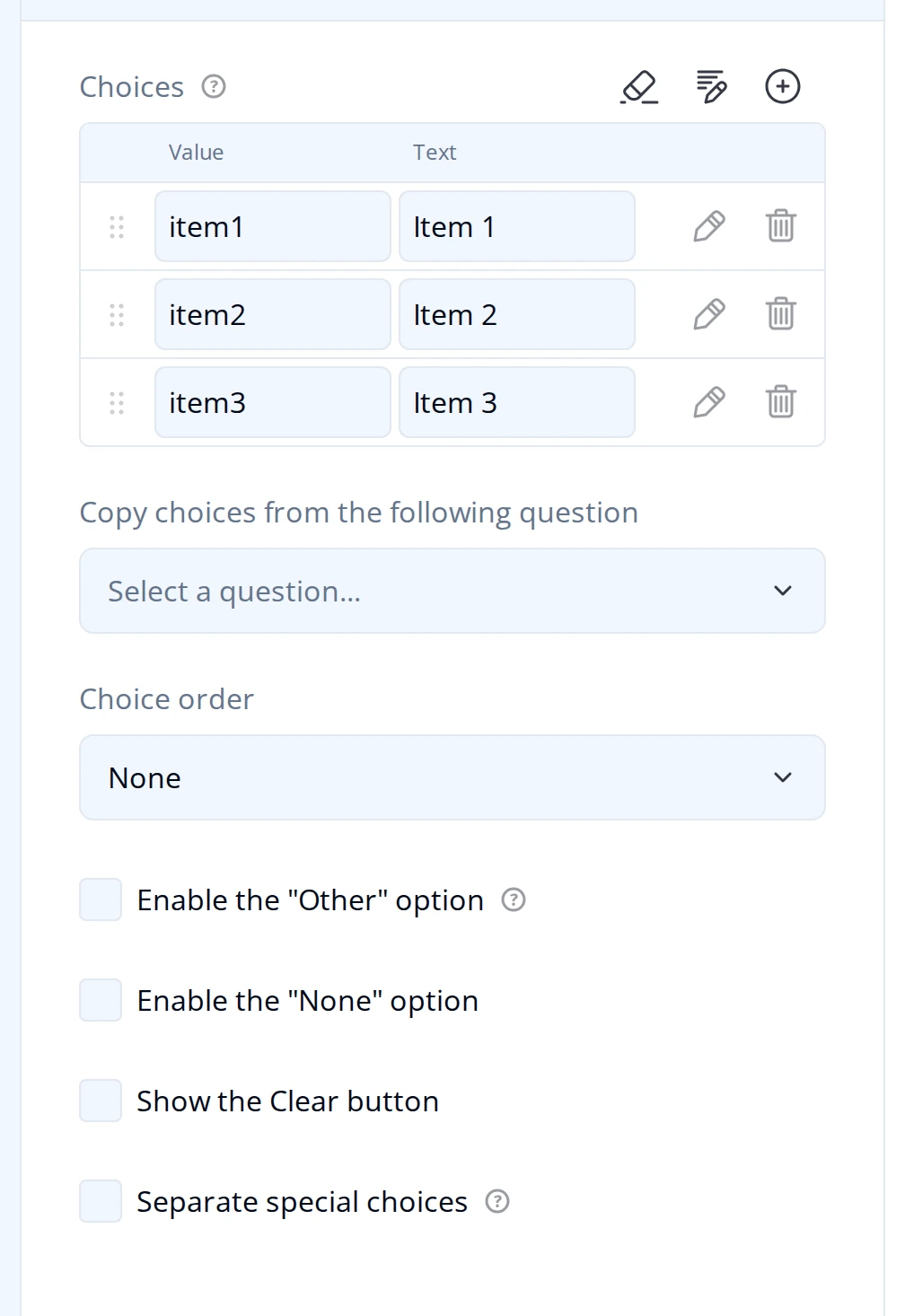 Choice Options panel for a Radio Button Group question: Choices table with Value and Text columns, Copy choices from the following question, Choice order, Enable the Other option, Enable the None option, Show the Clear button, and Separate special choices