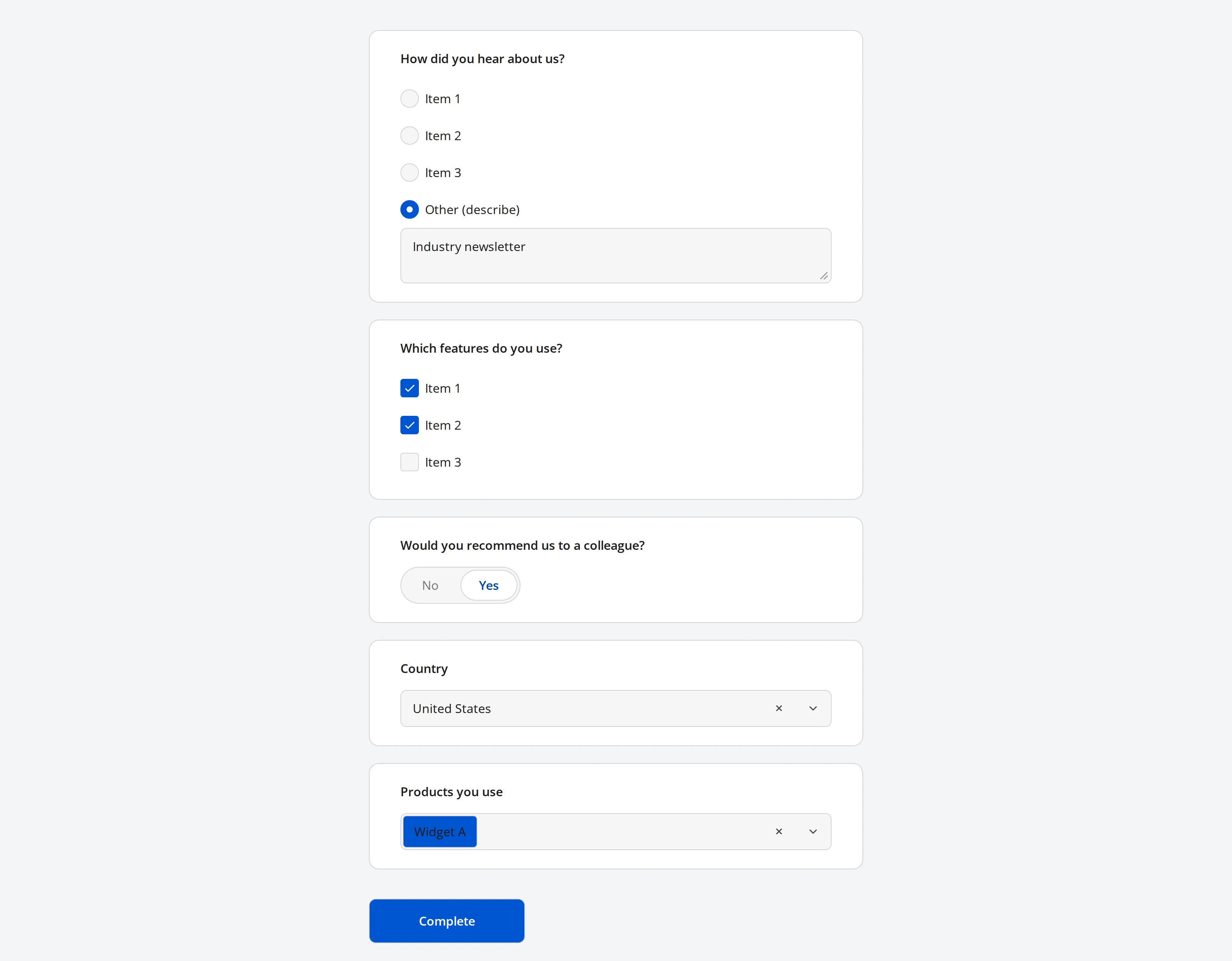 A form with five choice questions answered: a radio group with Other filled in, two checkboxes checked, a Yes/No toggle set to Yes, a dropdown showing United States, and a tag box with one tag selected