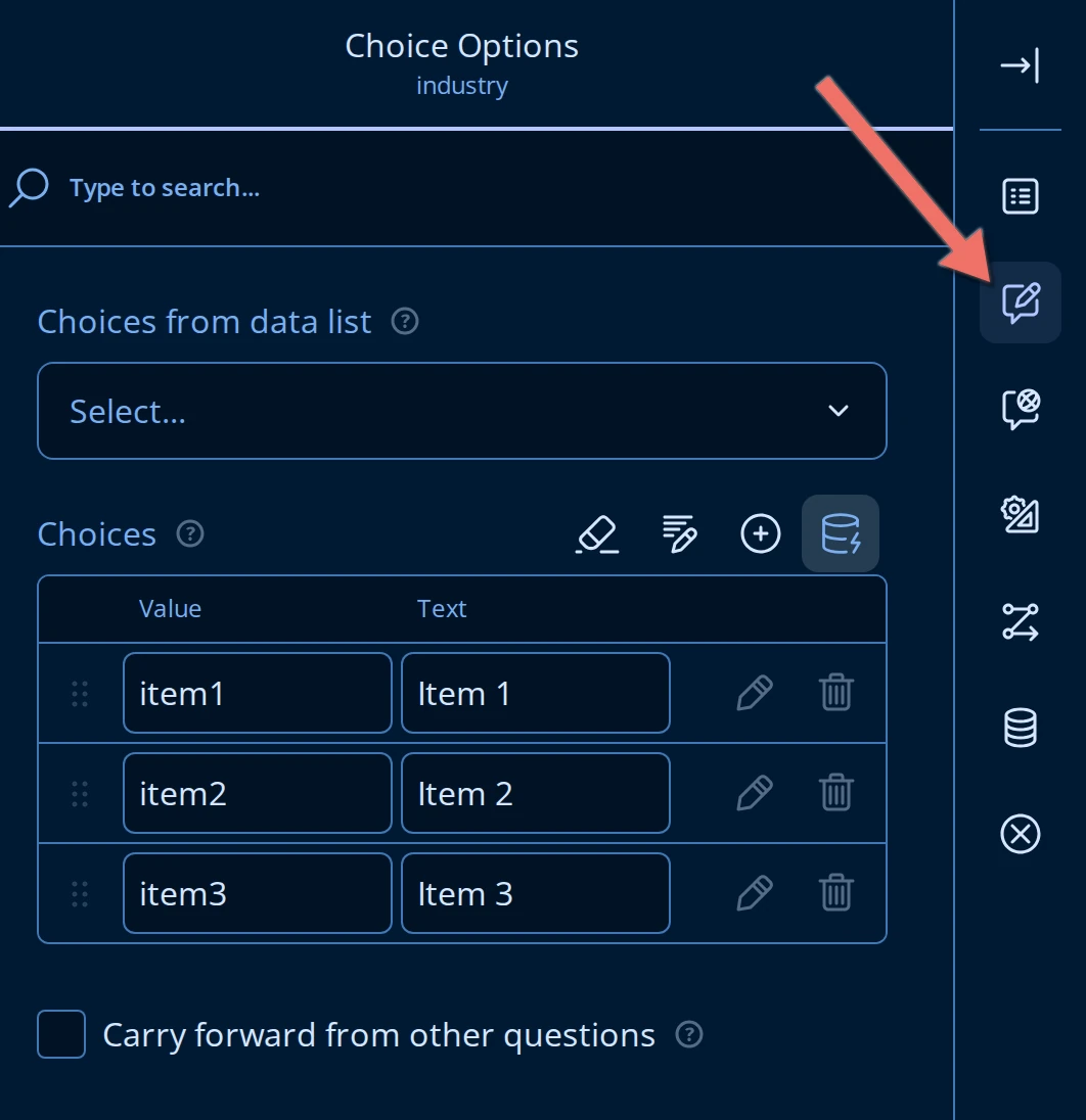 Choice Options panel in the Form Builder with the Choices from data list setting at the top, and an arrow pointing at the Choice Options icon in the property panel rail