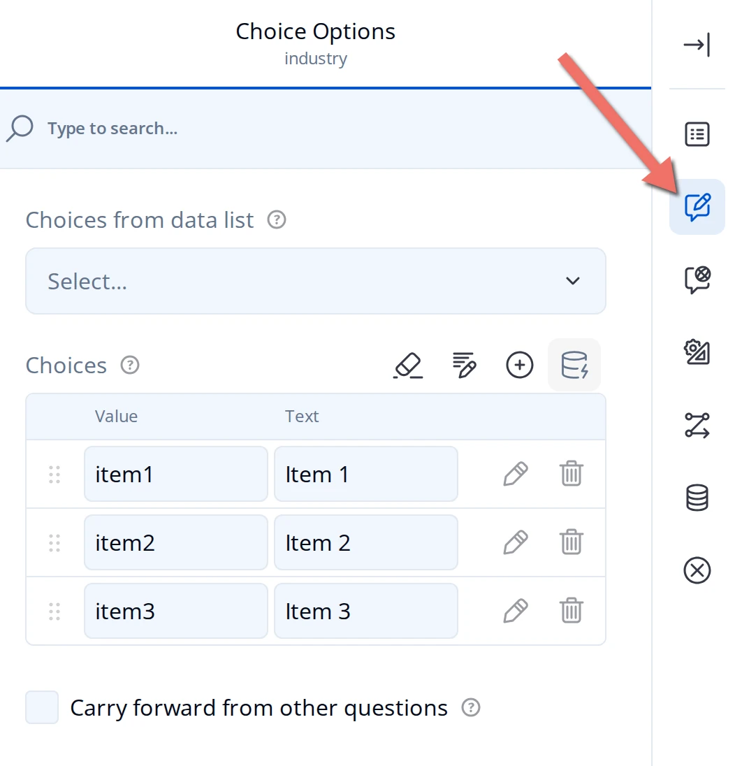 Choice Options panel in the Form Builder with the Choices from data list setting at the top, and an arrow pointing at the Choice Options icon in the property panel rail