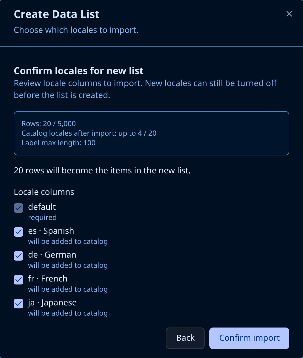 Create Data List dialog on the locale confirmation step, listing default, Spanish, German, French, and Japanese columns found in the uploaded CSV