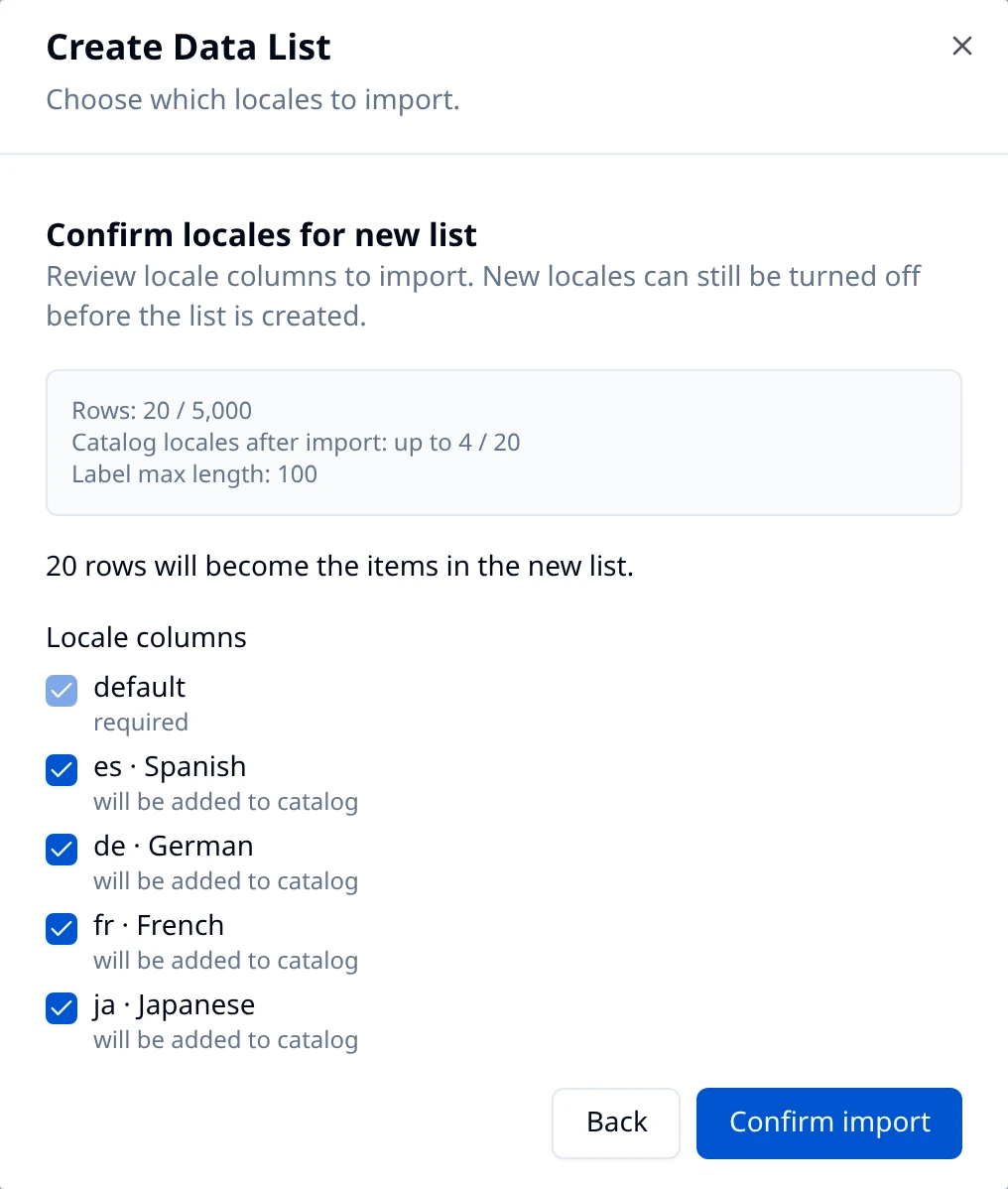 Create Data List dialog on the locale confirmation step, listing default, Spanish, German, French, and Japanese columns found in the uploaded CSV