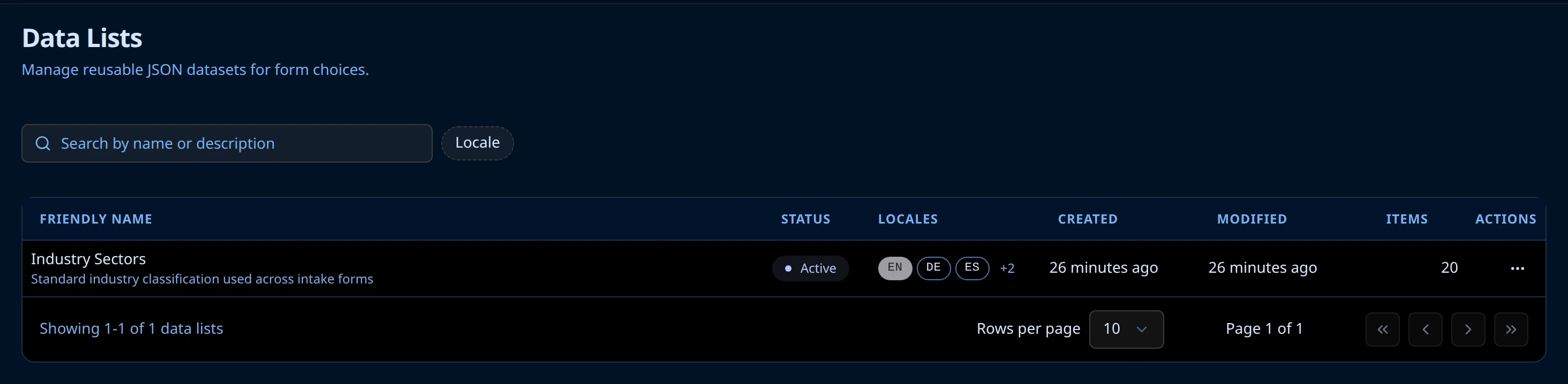 Data Lists page in Endatix Hub with one list, Industry Sectors, showing its status, locales, and item count
