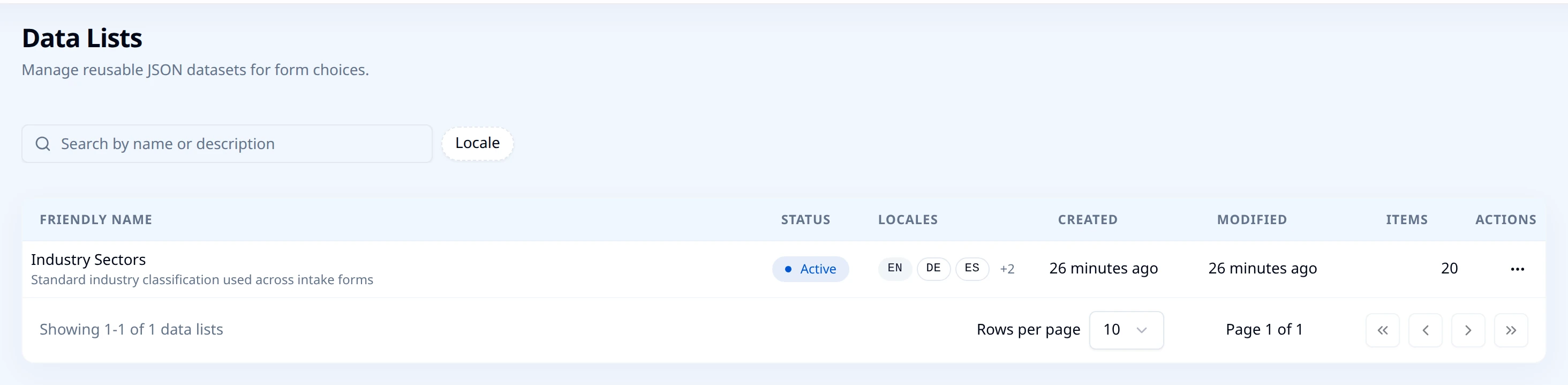 Data Lists page in Endatix Hub with one list, Industry Sectors, showing its status, locales, and item count