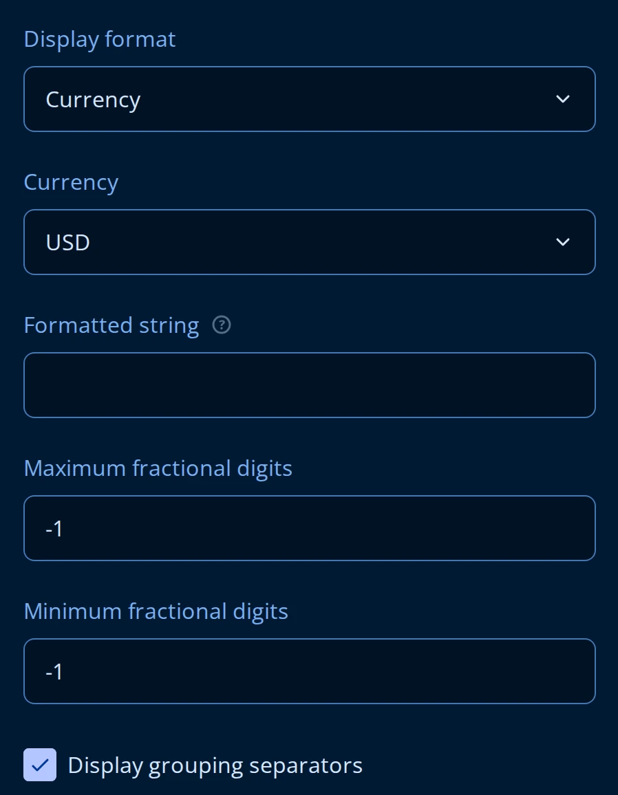 Formatting settings for an Expression question: Display format set to Currency, Currency set to USD, an empty Formatted string, Maximum and Minimum fractional digits at -1, and Display grouping separators checked