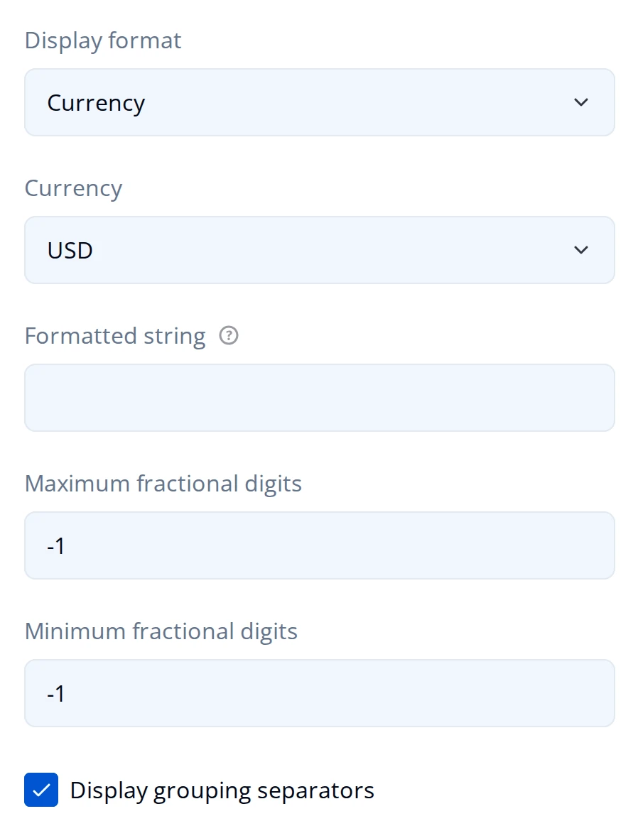 Formatting settings for an Expression question: Display format set to Currency, Currency set to USD, an empty Formatted string, Maximum and Minimum fractional digits at -1, and Display grouping separators checked