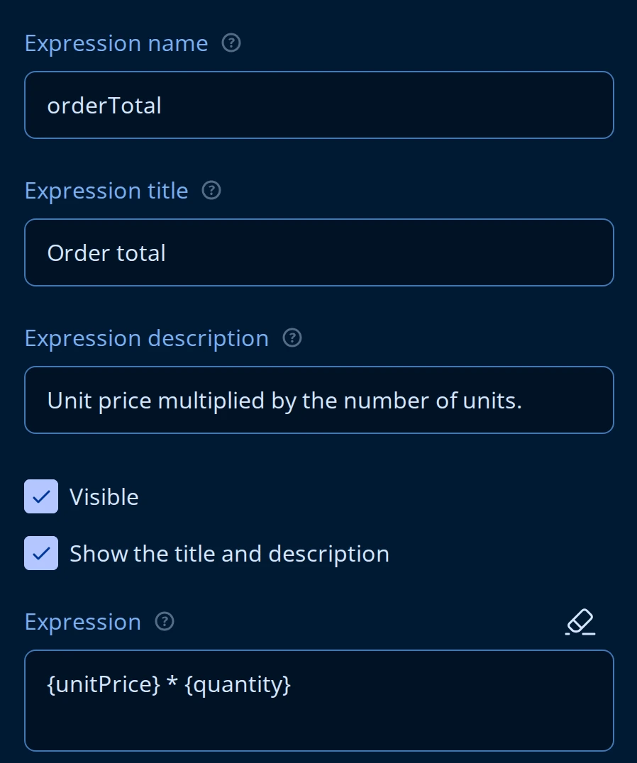 General page of the Property Grid for an Expression question: Expression name orderTotal, Expression title Order total, a description, Visible and Show the title and description checkboxes, and an Expression field holding {unitPrice} * {quantity}