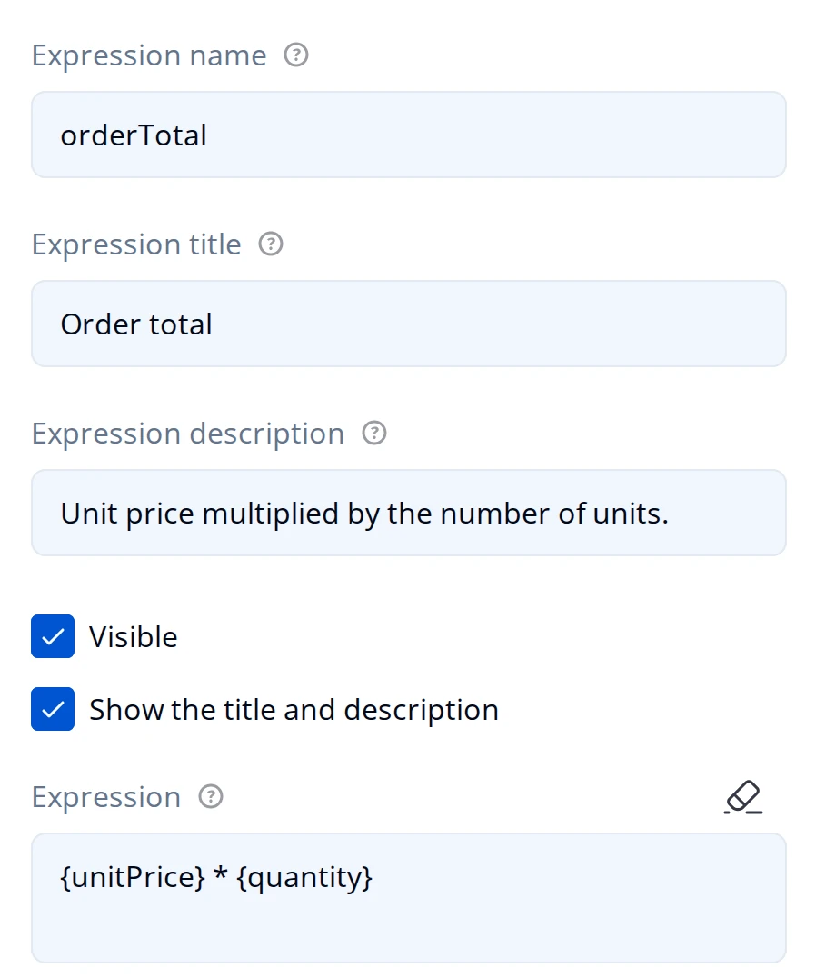 General page of the Property Grid for an Expression question: Expression name orderTotal, Expression title Order total, a description, Visible and Show the title and description checkboxes, and an Expression field holding {unitPrice} * {quantity}