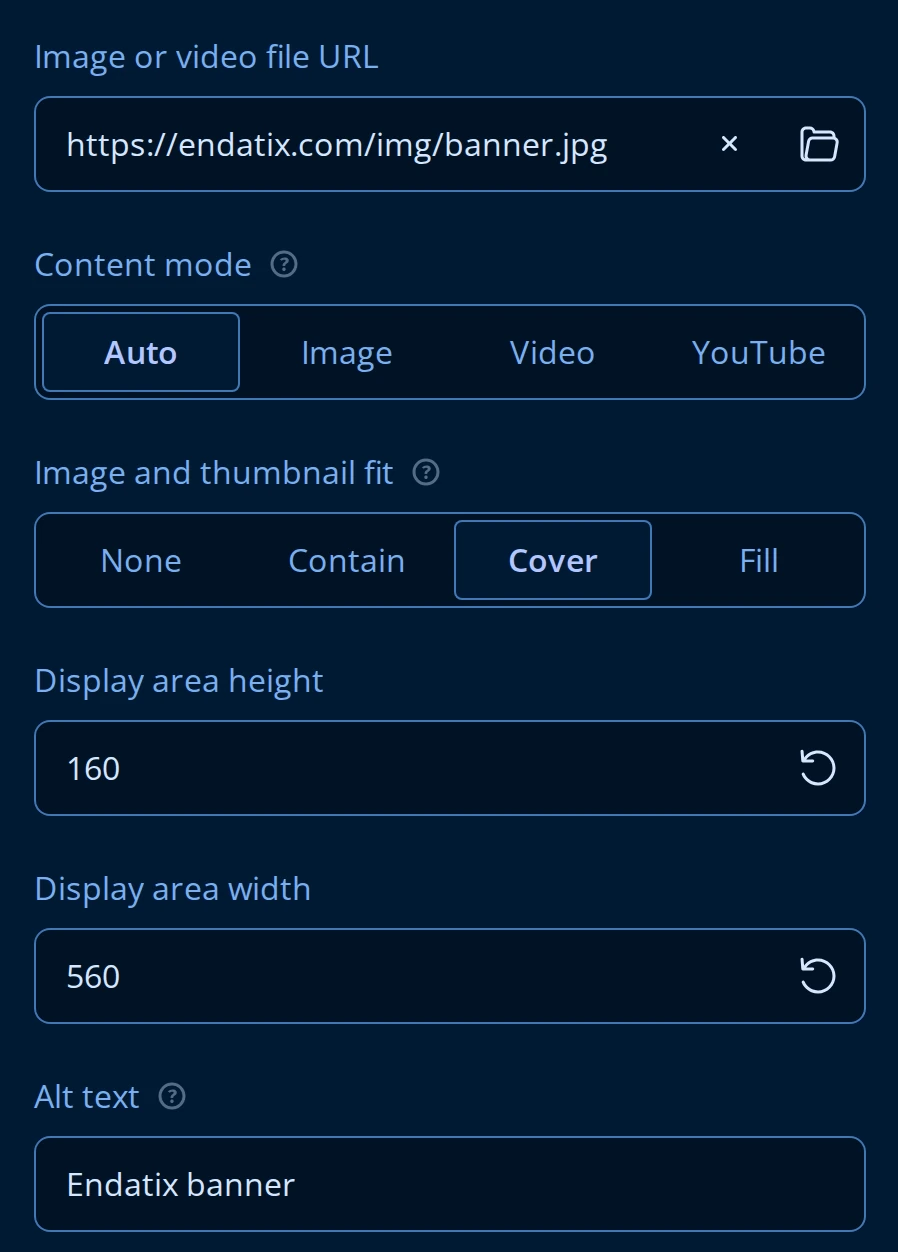 General page of the Property Grid for an Image question: Image or video file URL, Content mode set to Auto, Image and thumbnail fit set to Cover, Display area height 160, Display area width 560, and Alt text