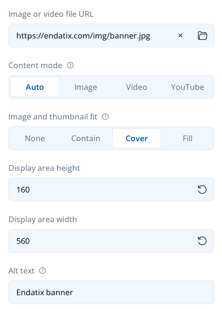 General page of the Property Grid for an Image question: Image or video file URL, Content mode set to Auto, Image and thumbnail fit set to Cover, Display area height 160, Display area width 560, and Alt text