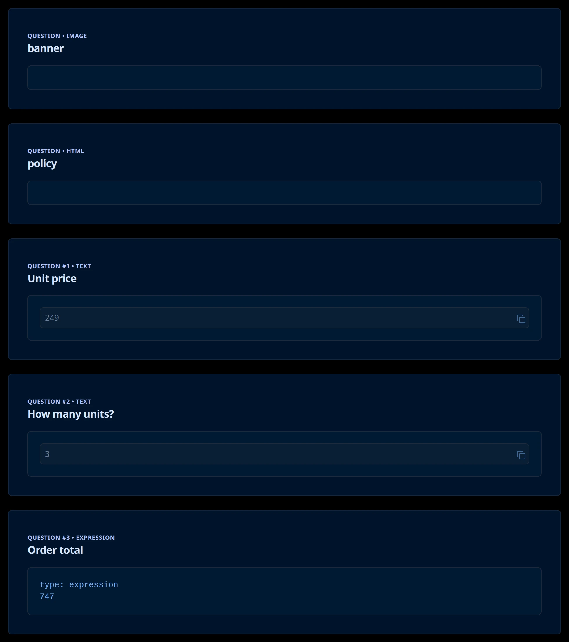 Submission Answers listing banner as an image question with an empty value, policy as an HTML question with an empty value, Unit price 249 as question 1, How many units 3 as question 2, and Order total as question 3 with the value 747