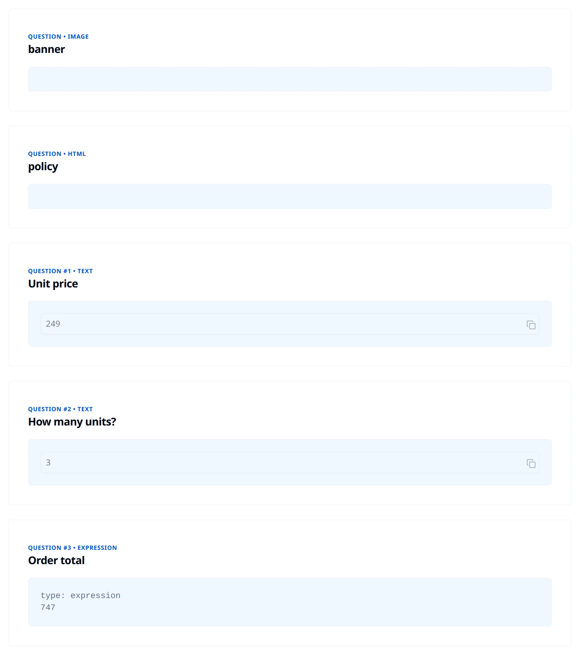 Submission Answers listing banner as an image question with an empty value, policy as an HTML question with an empty value, Unit price 249 as question 1, How many units 3 as question 2, and Order total as question 3 with the value 747
