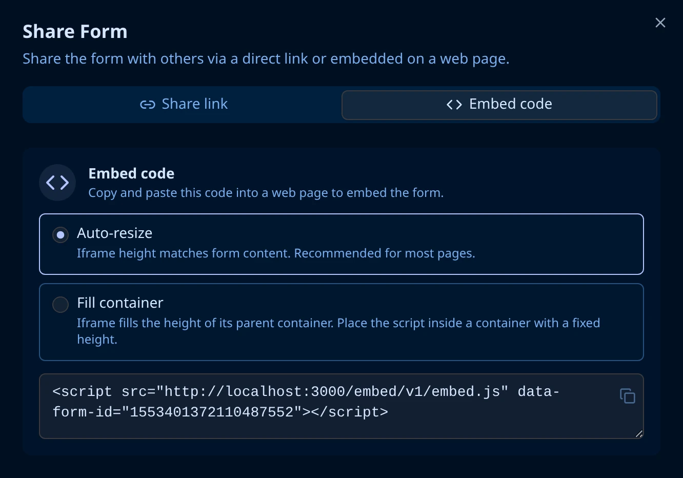Share Form dialog on the Embed code tab, with the Auto-resize and Fill container options and the generated script tag