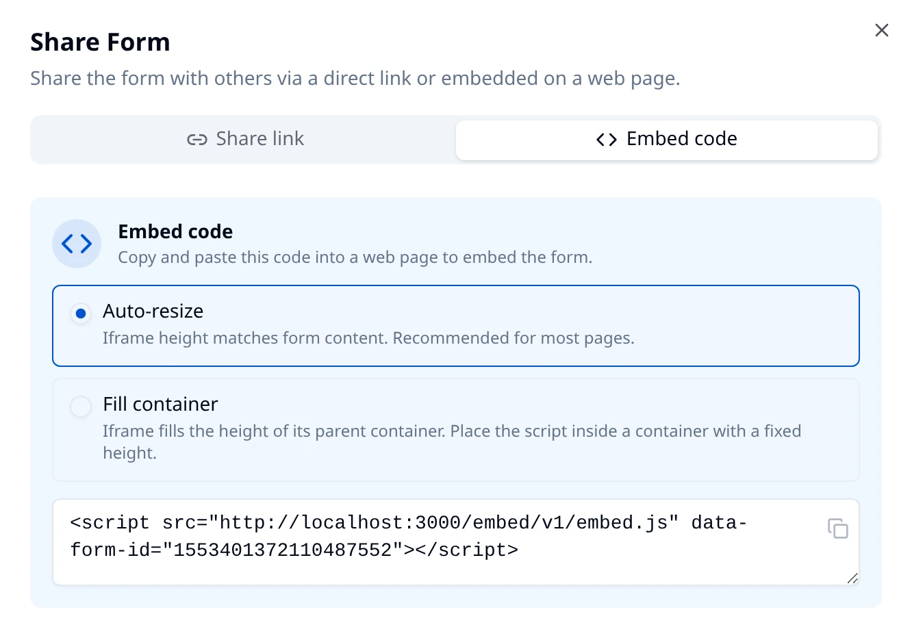 Share Form dialog on the Embed code tab, with the Auto-resize and Fill container options and the generated script tag