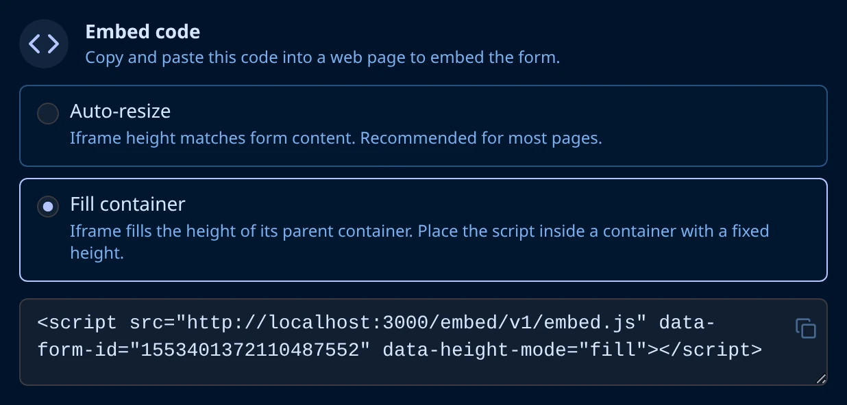 Embed code options with Fill container selected and the snippet showing the data-height-mode attribute