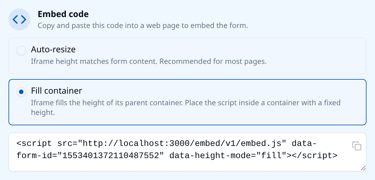 Embed code options with Fill container selected and the snippet showing the data-height-mode attribute