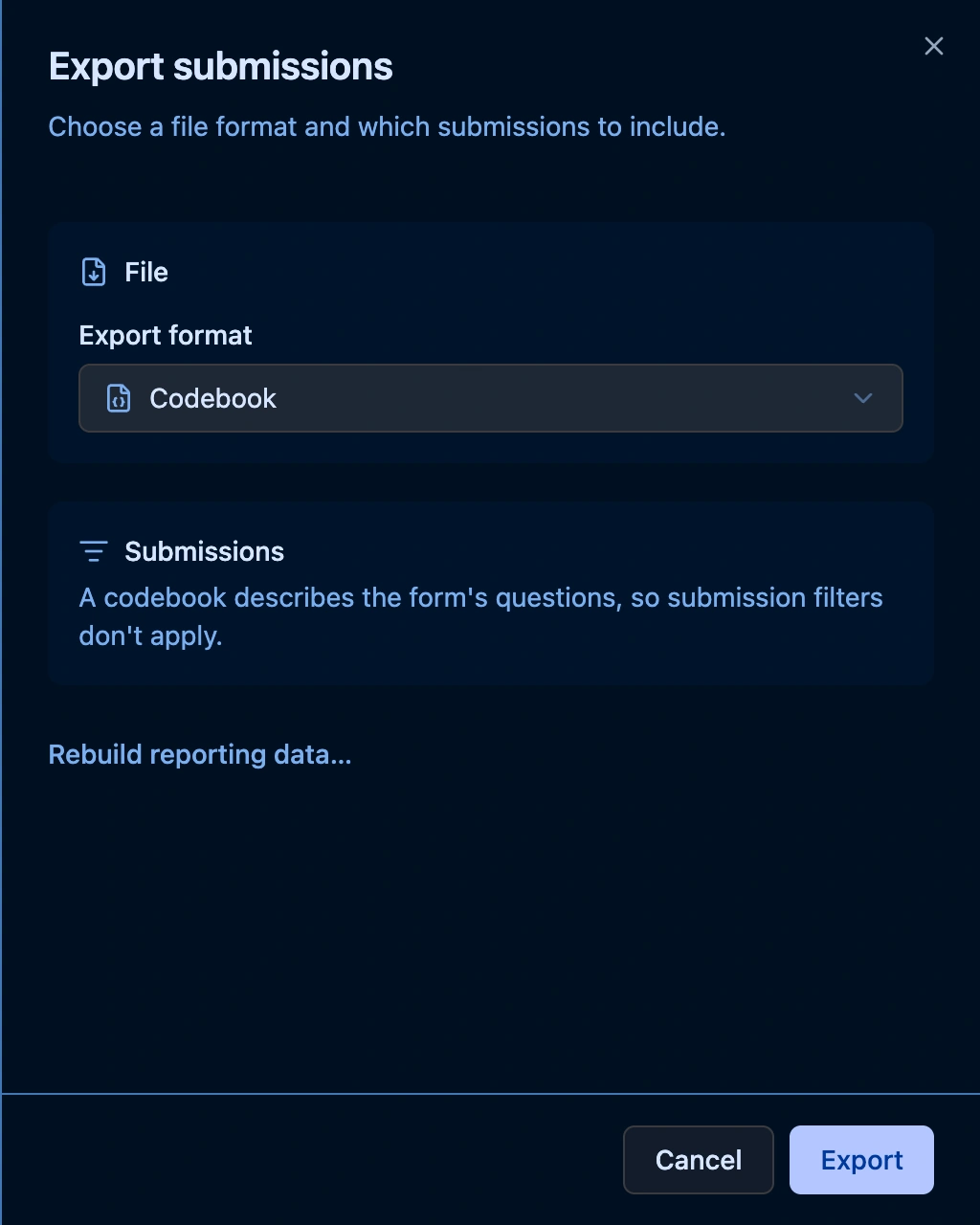 Export submissions panel with Export format set to Codebook and the note that a codebook describes the form's questions, so submission filters don't apply