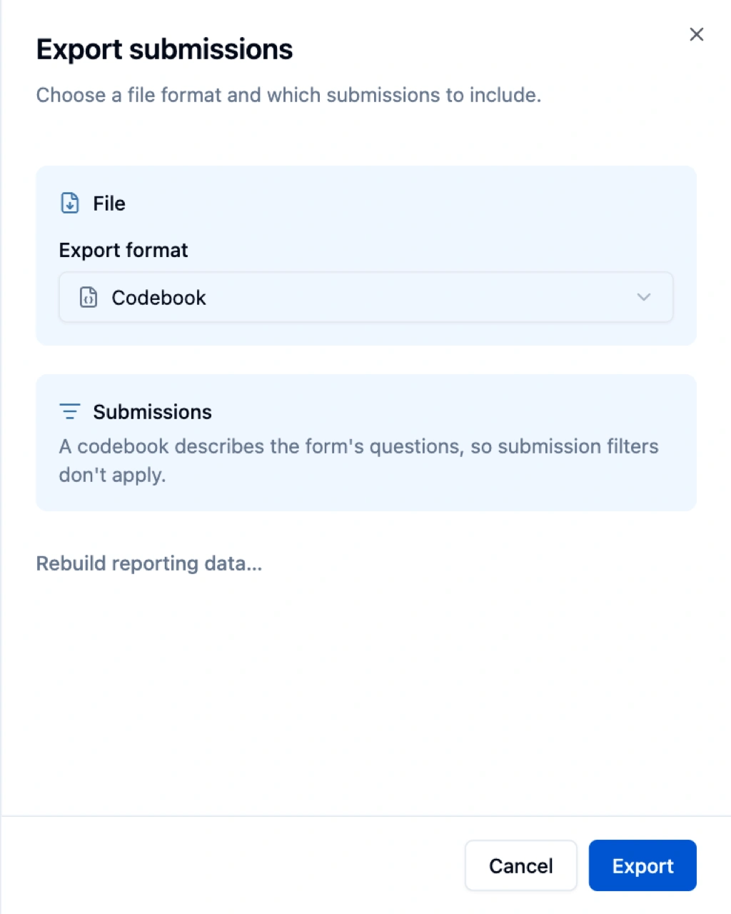 Export submissions panel with Export format set to Codebook and the note that a codebook describes the form's questions, so submission filters don't apply