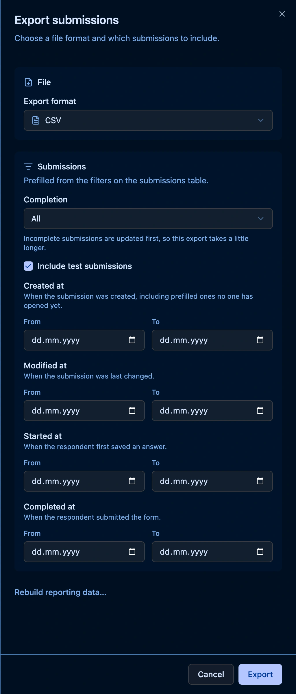 Export submissions panel: Ready to export, Export format set to CSV, and the Submissions section prefilled from the grid — Completion, Include test submissions, and Created at, Modified at, Started at, and Completed at ranges