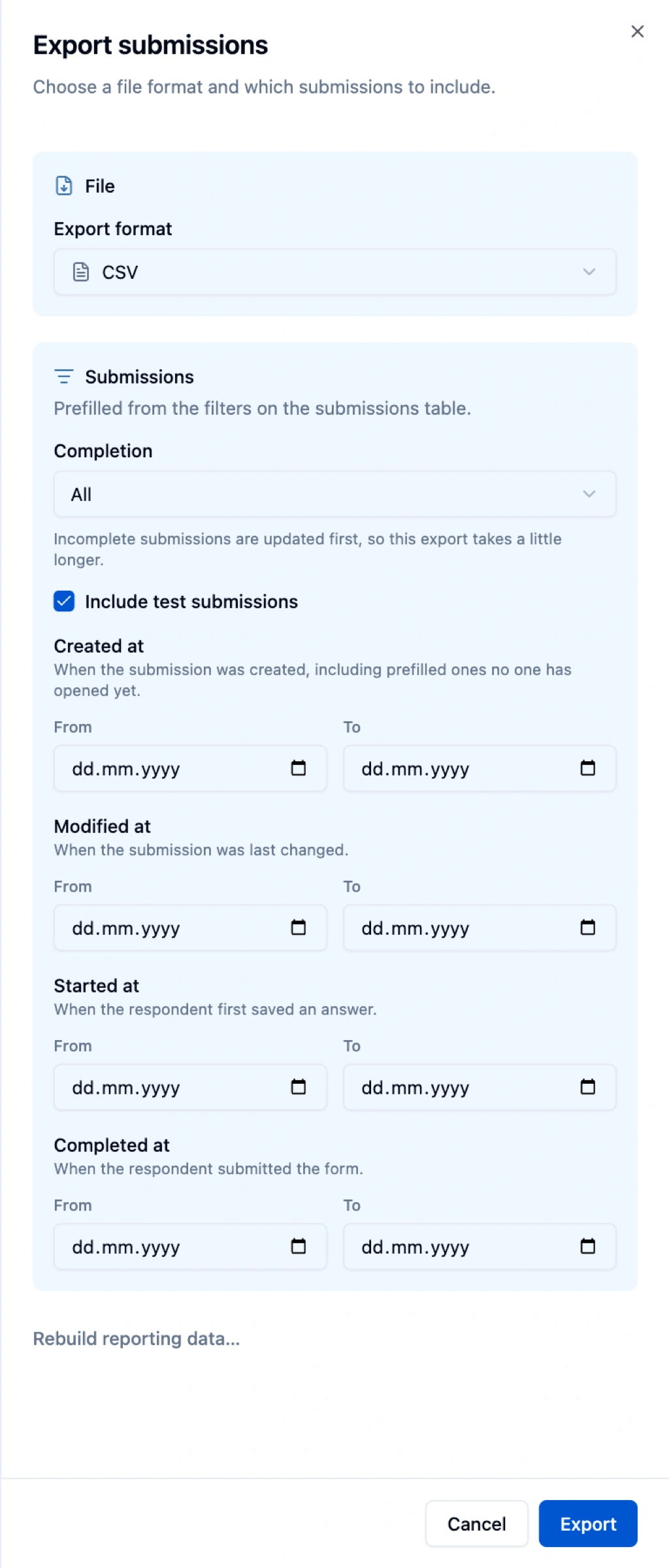 Export submissions panel: Ready to export, Export format set to CSV, and the Submissions section prefilled from the grid — Completion, Include test submissions, and Created at, Modified at, Started at, and Completed at ranges
