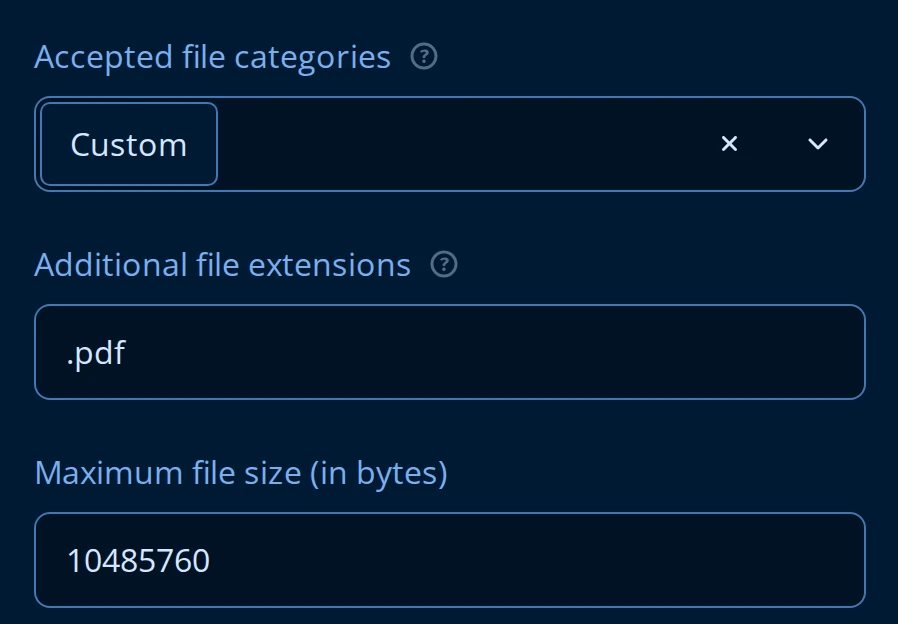 Property Grid rows for a File Upload question: Accepted file categories set to Custom, Additional file extensions set to .pdf, and Maximum file size set to 10485760 bytes