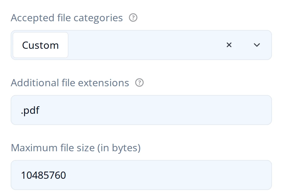 Property Grid rows for a File Upload question: Accepted file categories set to Custom, Additional file extensions set to .pdf, and Maximum file size set to 10485760 bytes