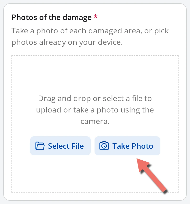 A File Upload question on a phone showing Select File and Take Photo buttons, with an arrow pointing at Take Photo