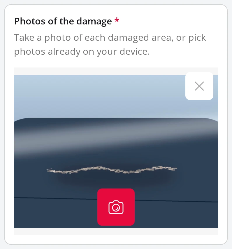 The File Upload question showing a live camera viewfinder with a shutter button and a close button