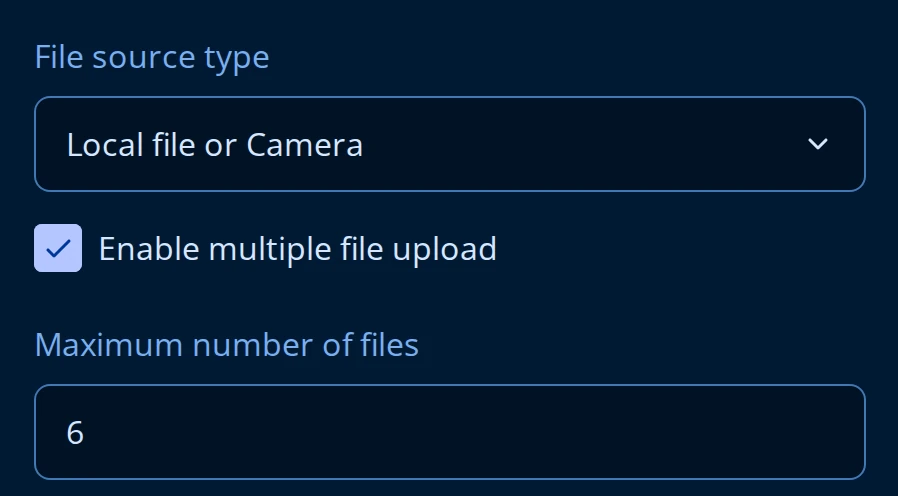 Property Grid rows for a File Upload question: File source type set to Local file or Camera, Enable multiple file upload turned on, and Maximum number of files set to 6