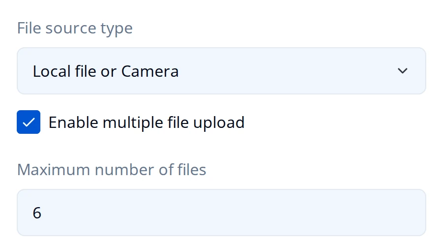 Property Grid rows for a File Upload question: File source type set to Local file or Camera, Enable multiple file upload turned on, and Maximum number of files set to 6