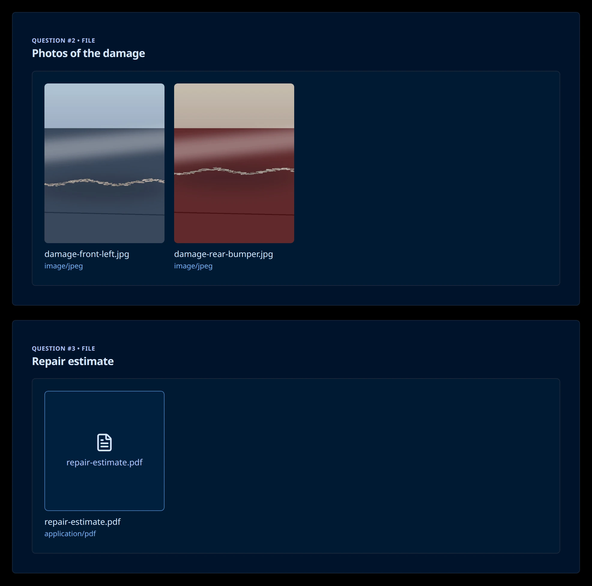 Submission Details showing a Photos of the damage answer with two image thumbnails labelled with file name and image/jpeg, and a Repair estimate answer showing a PDF icon linking to repair-estimate.pdf