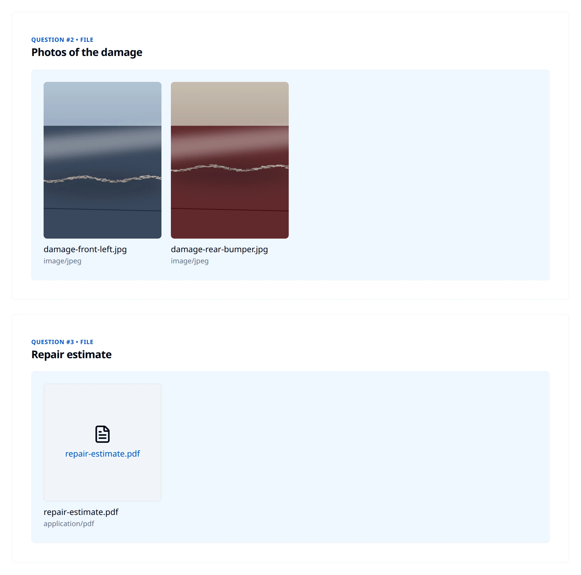 Submission Details showing a Photos of the damage answer with two image thumbnails labelled with file name and image/jpeg, and a Repair estimate answer showing a PDF icon linking to repair-estimate.pdf