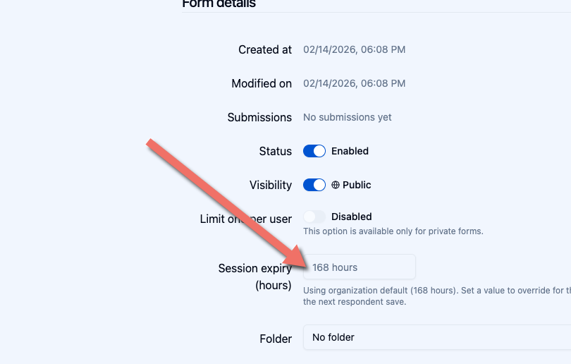 Form Overview showing Session expiry (hours) with organization default helper text