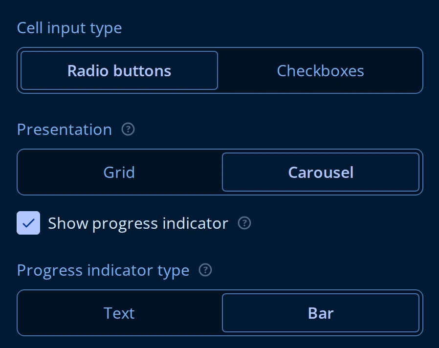 General page settings for a Single-Select Matrix in carousel mode: Cell input type, Presentation set to Carousel, Show progress indicator checked, and Progress indicator type set to Bar