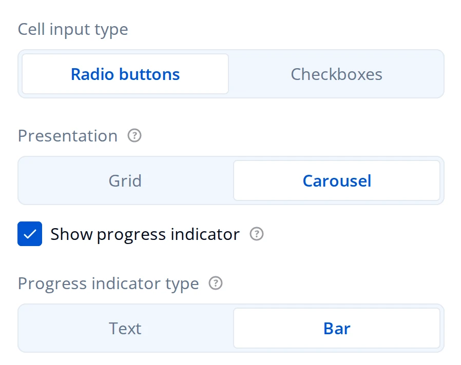 General page settings for a Single-Select Matrix in carousel mode: Cell input type, Presentation set to Carousel, Show progress indicator checked, and Progress indicator type set to Bar