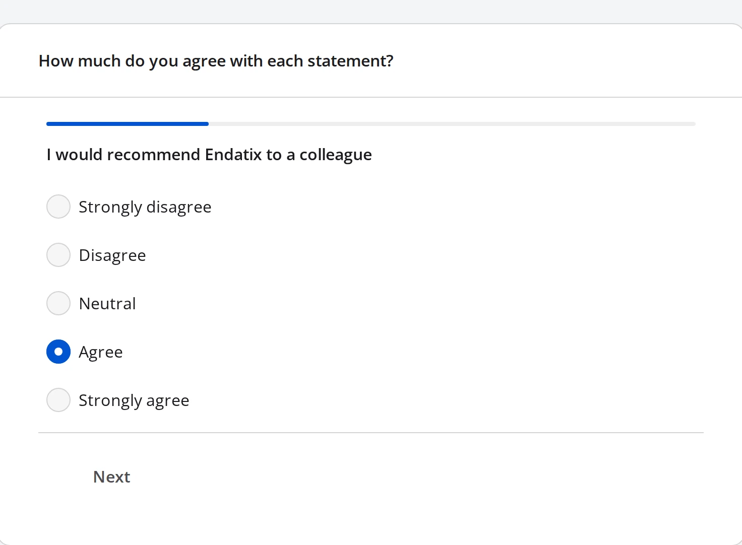 A Single-Select Matrix in carousel mode showing one statement, a five-point scale, a progress bar, and a Next button