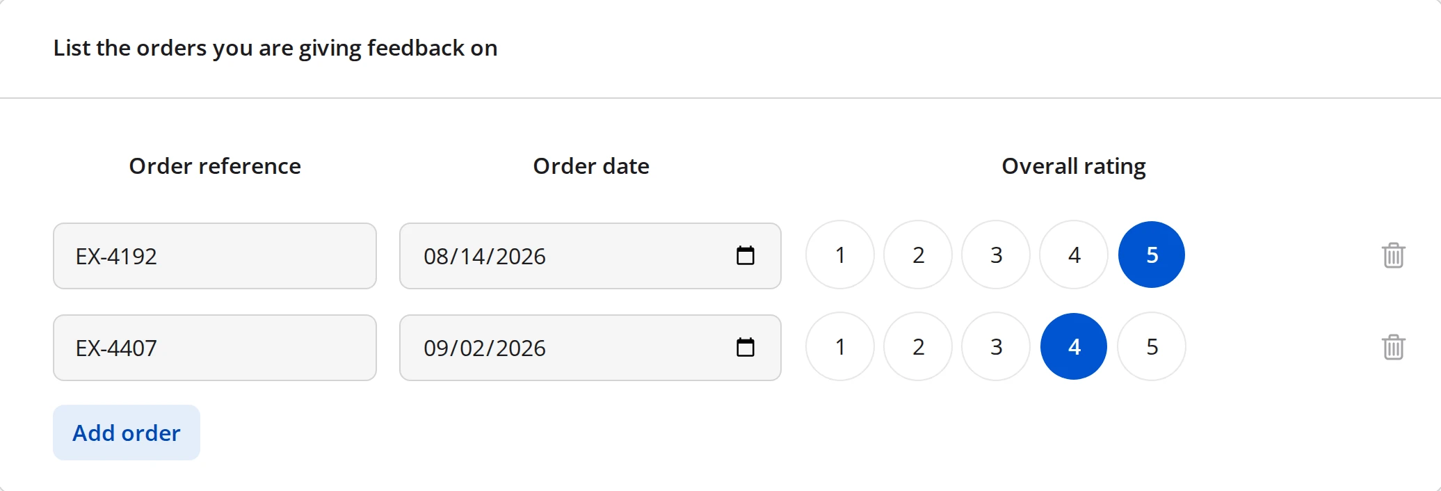 An answered Dynamic Matrix listing two orders with a reference, a date, a rating, a remove icon per row, and an Add order button