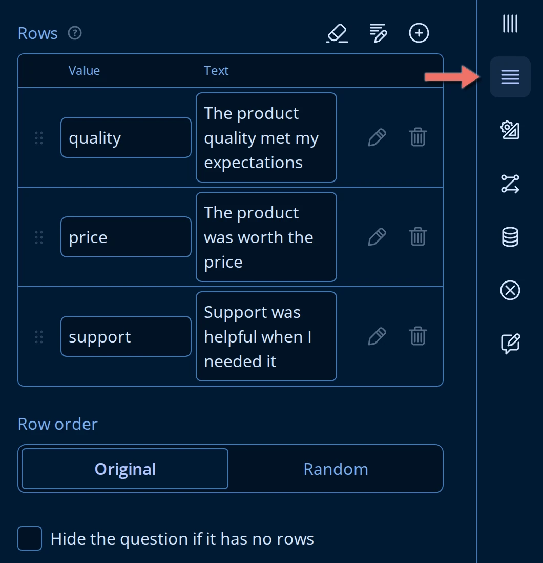 Rows page of the Property Grid for a Single-Select Matrix: a Rows table with Value and Text columns, a Row order toggle set to Original, and a Hide the question if it has no rows checkbox, with an arrow pointing at the Rows icon in the category rail