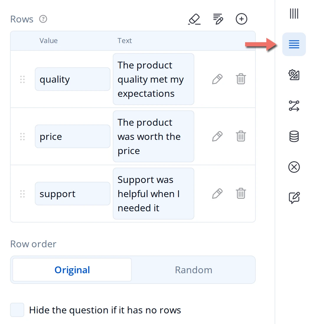 Rows page of the Property Grid for a Single-Select Matrix: a Rows table with Value and Text columns, a Row order toggle set to Original, and a Hide the question if it has no rows checkbox, with an arrow pointing at the Rows icon in the category rail