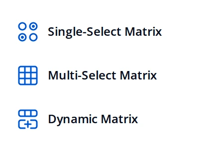 Toolbox entries for Single-Select Matrix, Multi-Select Matrix, and Dynamic Matrix