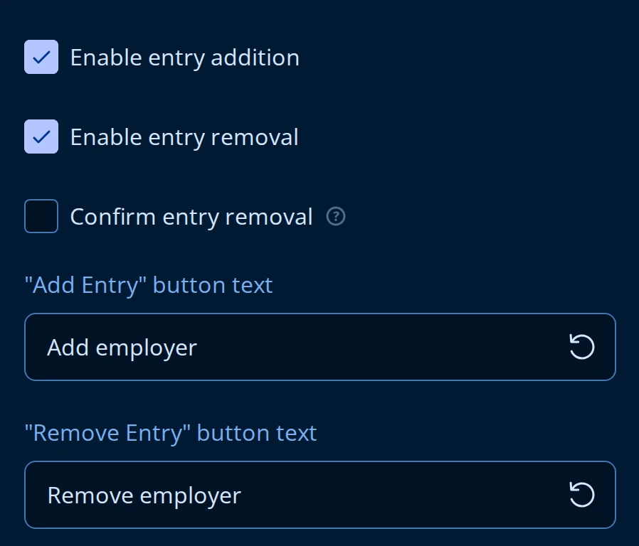 General page of the Property Grid for a Dynamic Panel: Enable entry addition and Enable entry removal checked, Confirm entry removal unchecked, and the Add Entry and Remove Entry button text fields