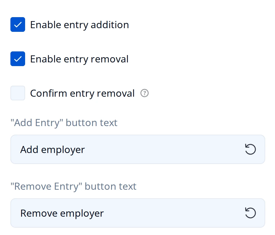 General page of the Property Grid for a Dynamic Panel: Enable entry addition and Enable entry removal checked, Confirm entry removal unchecked, and the Add Entry and Remove Entry button text fields
