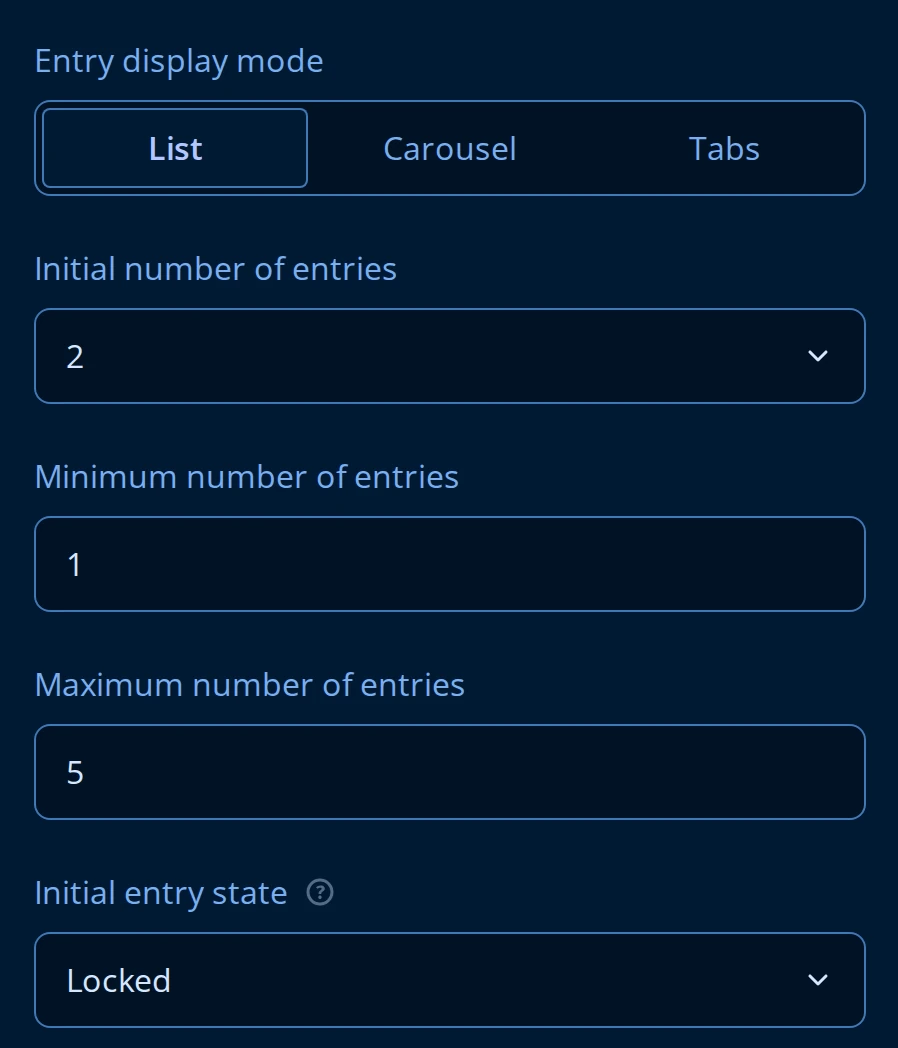 General page of the Property Grid for a Dynamic Panel: Entry display mode set to List, Initial number of entries, Minimum number of entries, Maximum number of entries, and Initial entry state set to Locked